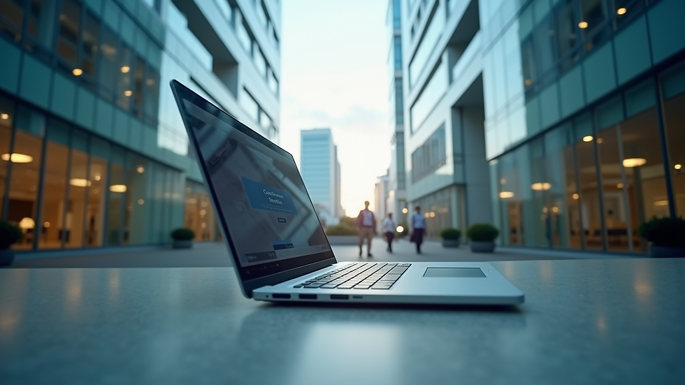 Eye-level view of a modern office building with a corporate website displayed on a laptop
