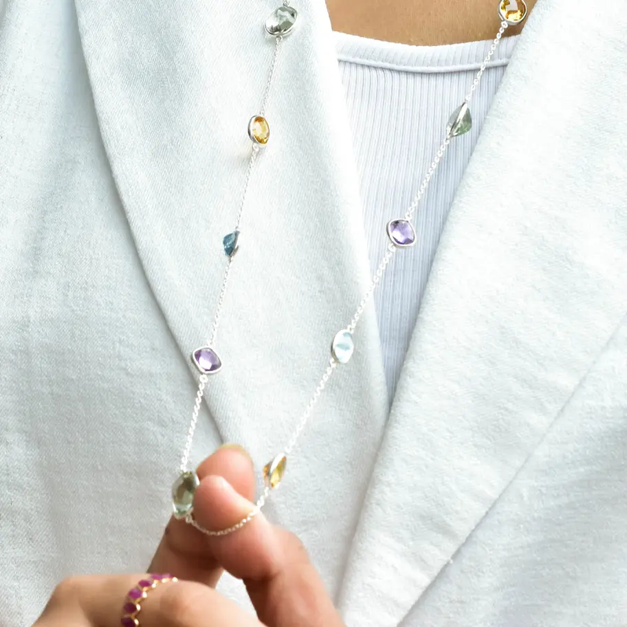 925 sterling silver multi gemstone semi bezel necklace worn on white top