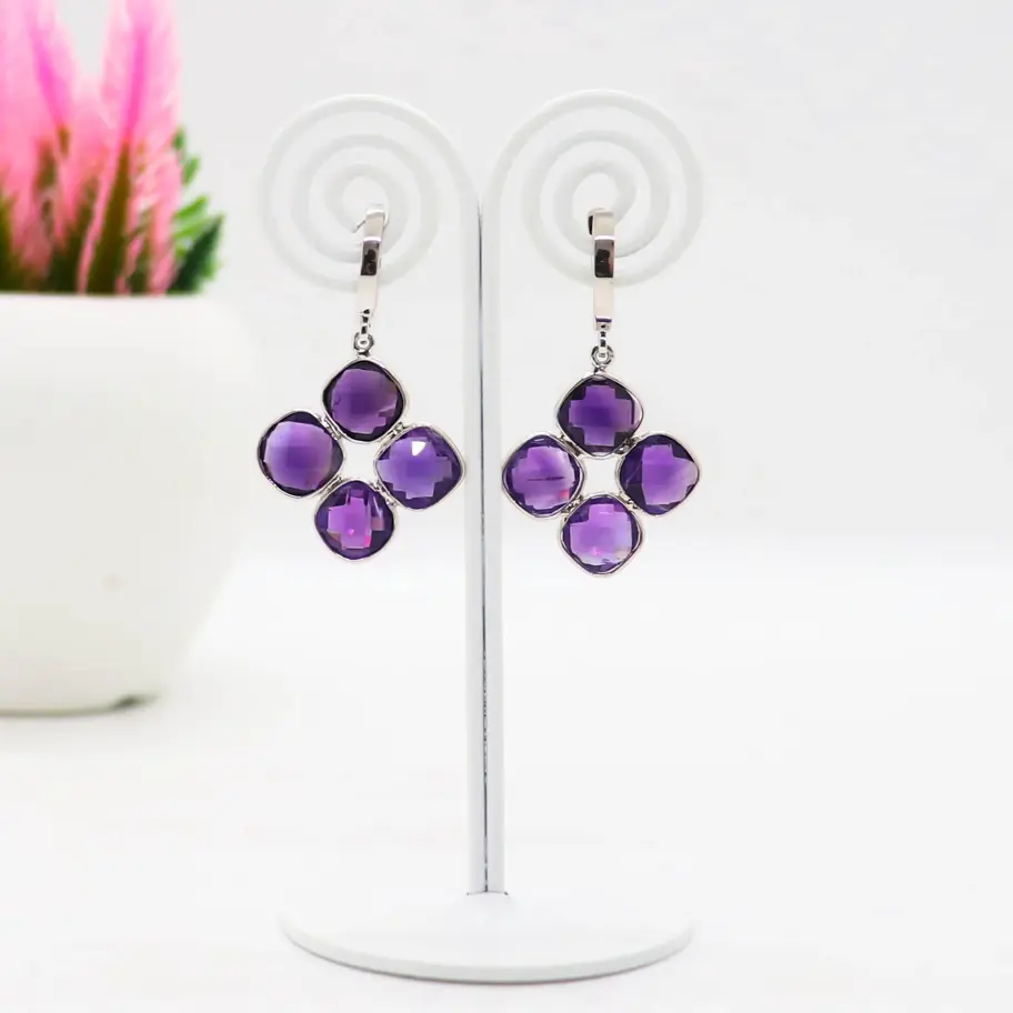 925 sterling silver drop earrings featuring faceted round natural amethyst gemstones arranged in a floral cluster design