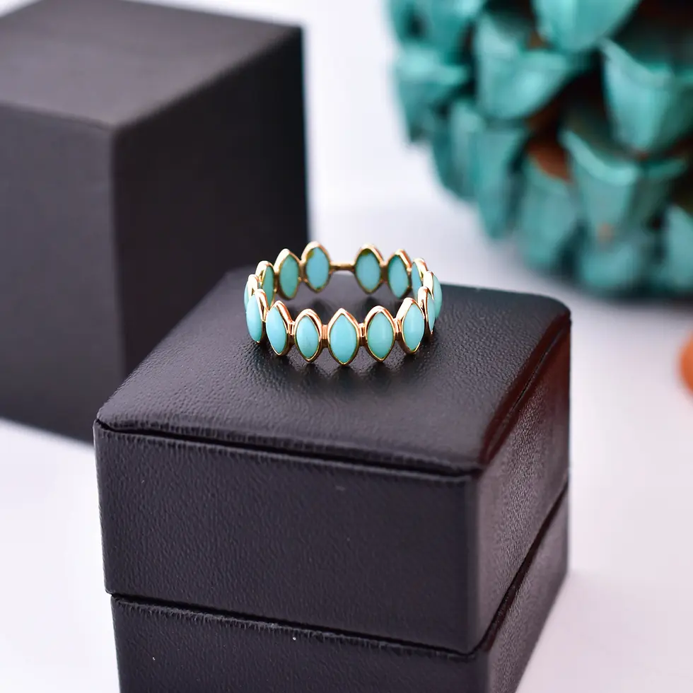 18K gold natural turquoise eternity ring with oval turquoise gemstones displayed on a black jewelry box.