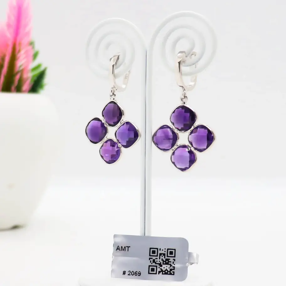 925 sterling silver drop earrings featuring faceted round natural amethyst gemstones arranged in a floral cluster design
