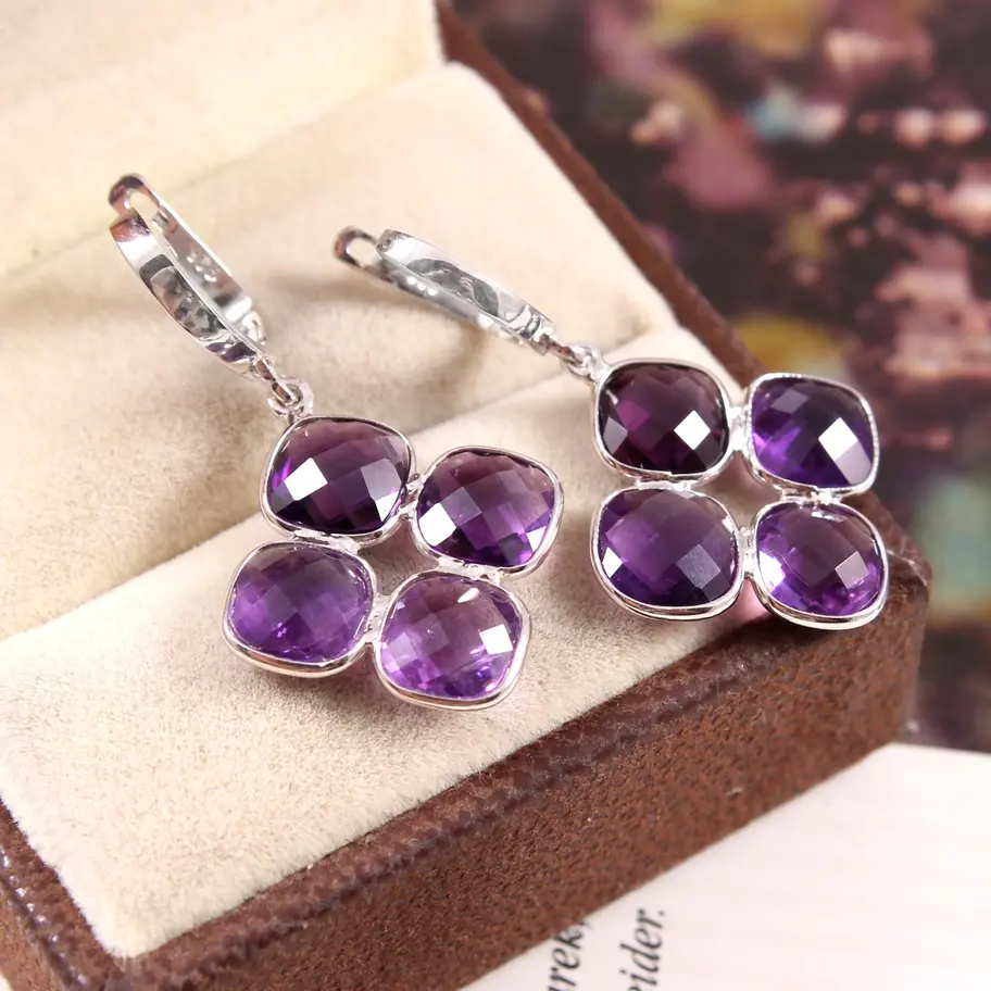 925 sterling silver drop earrings featuring faceted round natural amethyst gemstones arranged in a floral cluster design