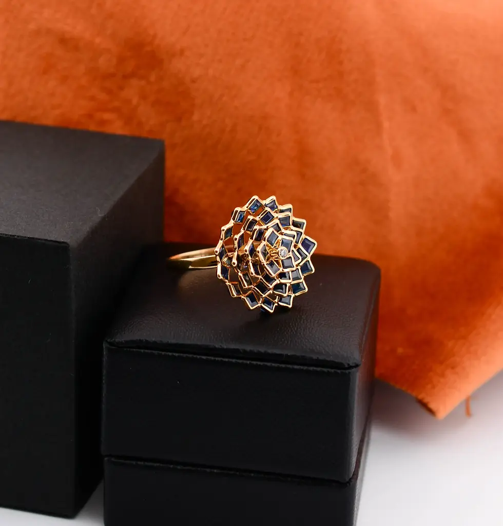 18K solid gold blue sapphire statement ring featuring a floral mandala design with deep blue gemstones in an intricate cluste