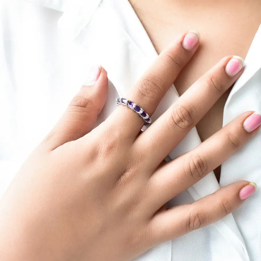 925 silver amethyst stackable band worn on hand, lightweight demi-fine gemstone jewellery