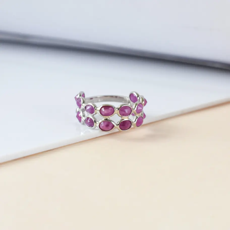 Natural Ruby Cluster Ring on white background closeup