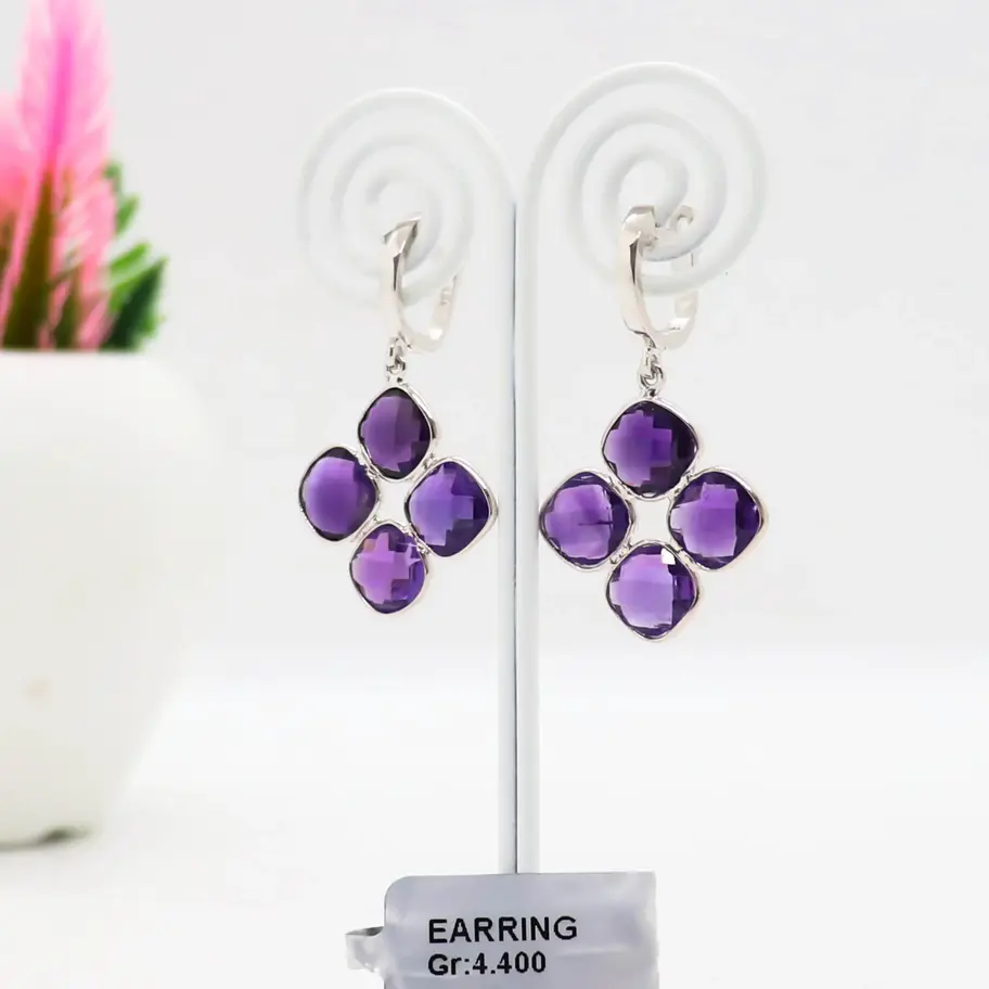 925 sterling silver drop earrings featuring faceted round natural amethyst gemstones arranged in a floral cluster design