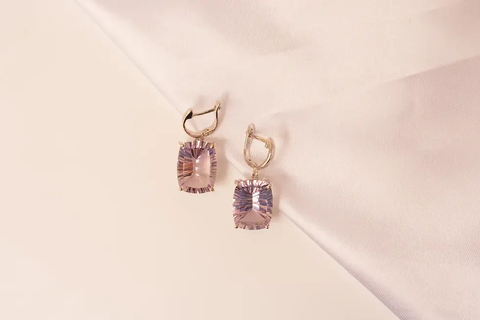 Amethyst radiance drop earrings featuring rectangular faceted purple amethyst gemstones set in gold-tone 925 sterling silver