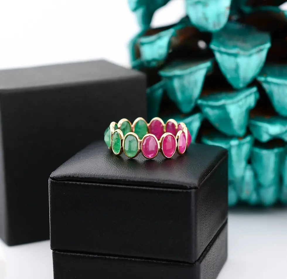 18K solid gold eternity ring with alternating pink ruby and green emerald gemstones in an elegant oval gemstone band design.