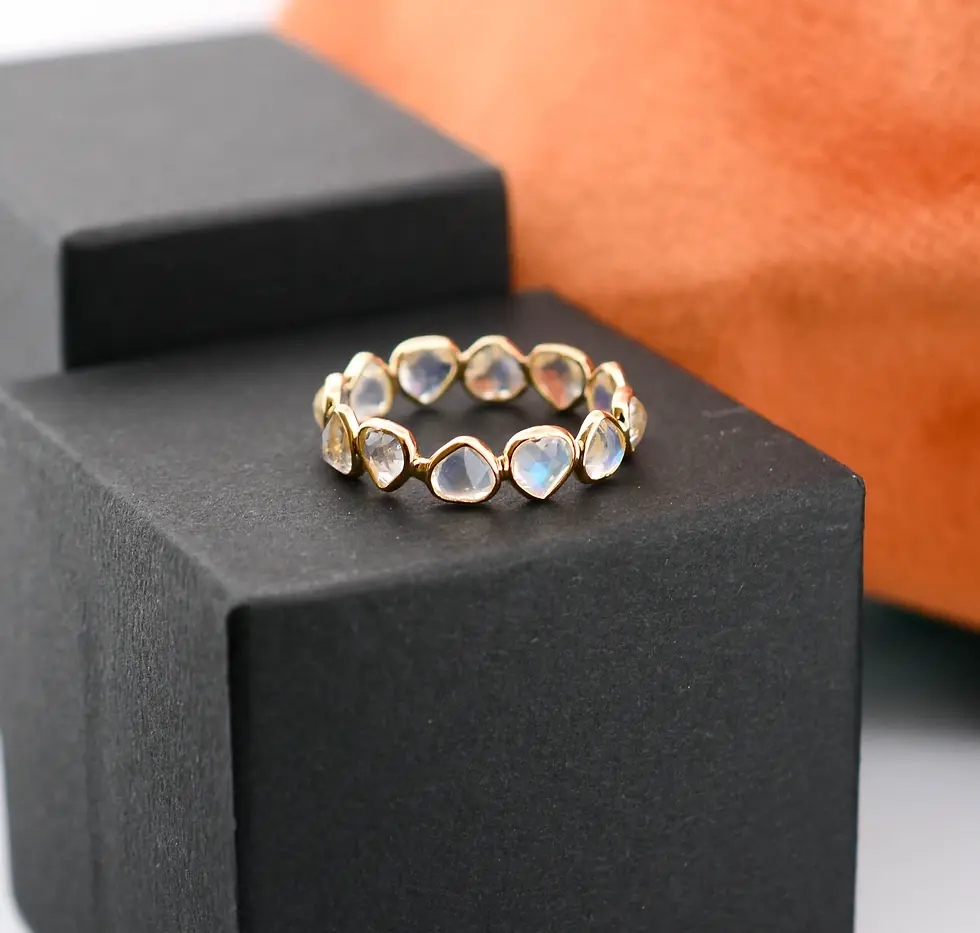 18K solid gold heart gemstone ring featuring multiple heart-shaped natural stones arranged in an elegant eternity band design