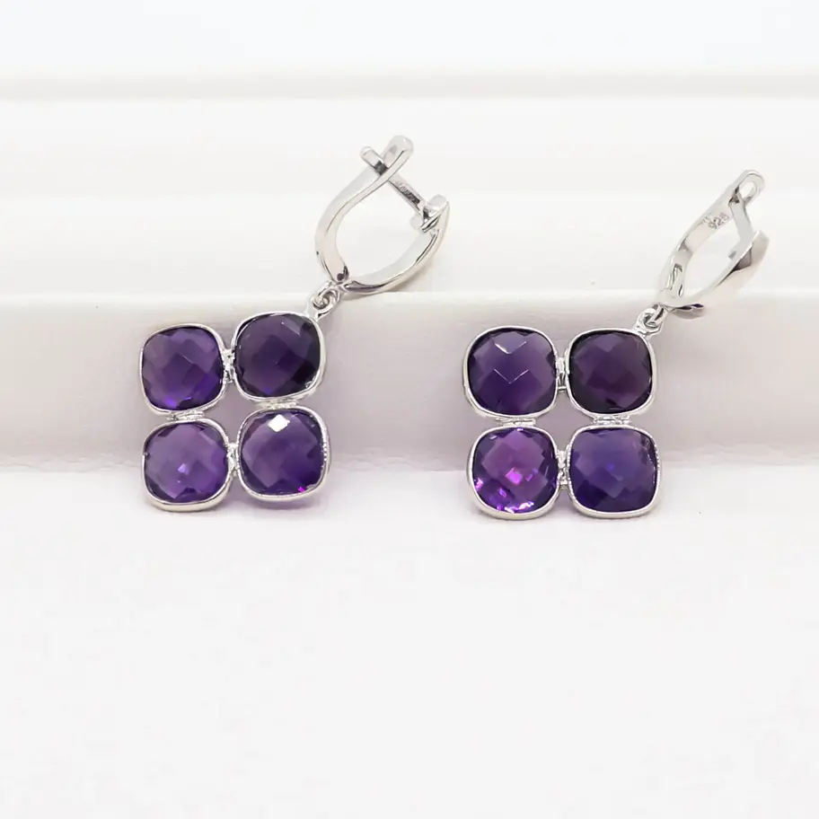 925 sterling silver drop earrings featuring faceted round natural amethyst gemstones arranged in a floral cluster design