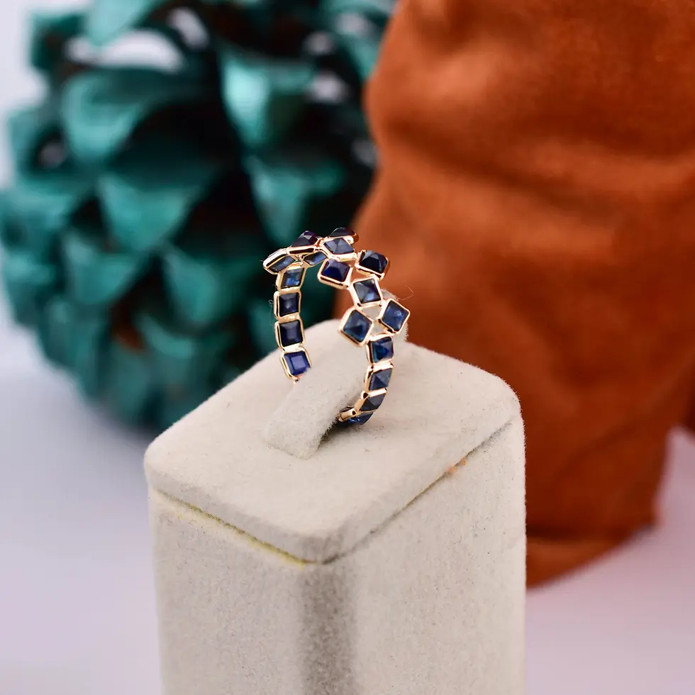 18K solid gold blue sapphire eternity band ring with geometric gemstone setting