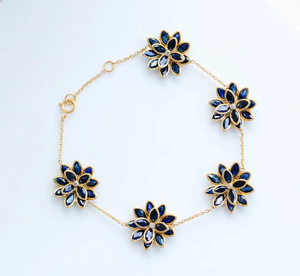 Floral diamond bracelet in 18K gold with repeating flower-shaped gemstone motifs arranged in circular layout