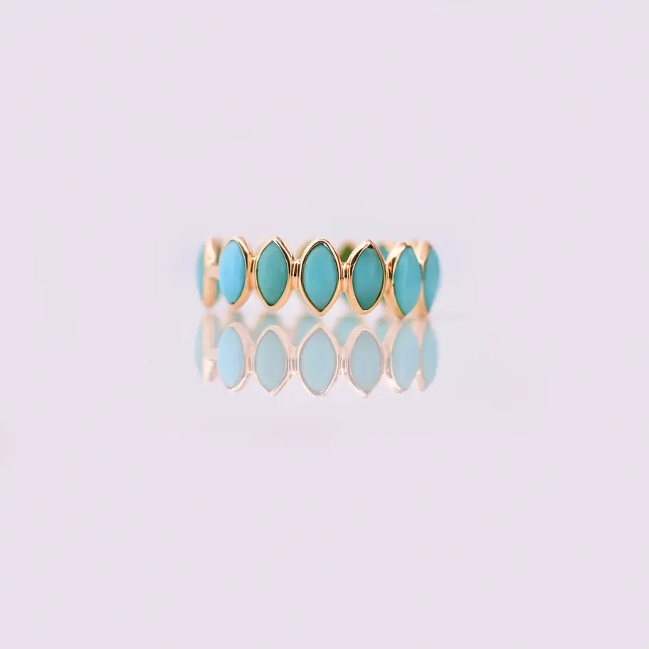18K gold natural turquoise eternity ring with oval turquoise gemstones displayed on a black jewelry box.