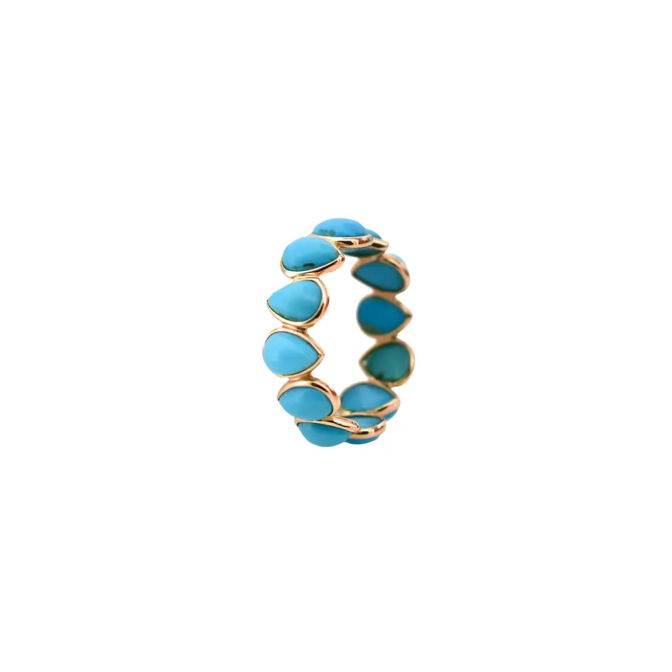18K solid gold eternity ring with natural turquoise oval gemstones in a delicate full eternity band design.