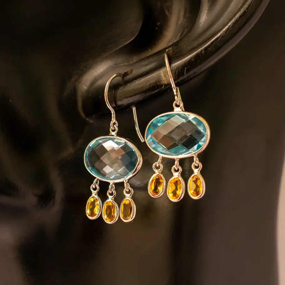 Elevate your everyday elegance with our stunning Natural Blue Topaz & Citrine Gemstone Earrings set in luxurious Sterling Sil