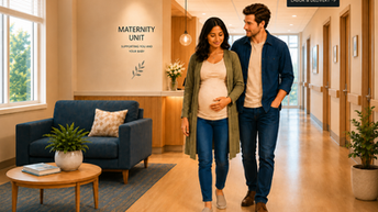 Expectant mother walking with her partner through a hospital maternity unit in an AI-generated patient education scene about childbirth options.