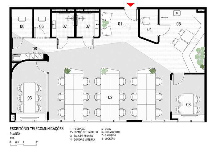 Planta arquitetura e layout Escritório Vivo Florianópolis - Projeto corporativo Entre Arquitetos - Open space
