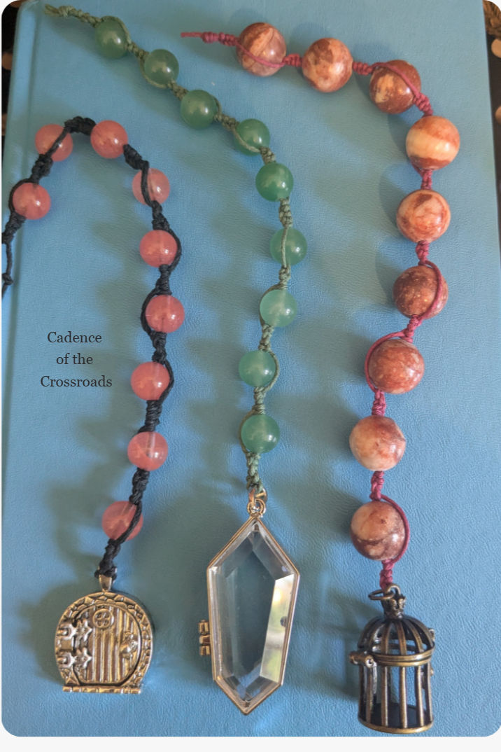 Three variations of beaded witch's ladders