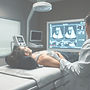 realistic photo of an individual laying on a medical bed receiving and echo scan from a me