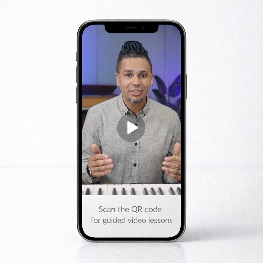 Master the Piano instructional video displayed on a smartphone, accessed via QR code from the book