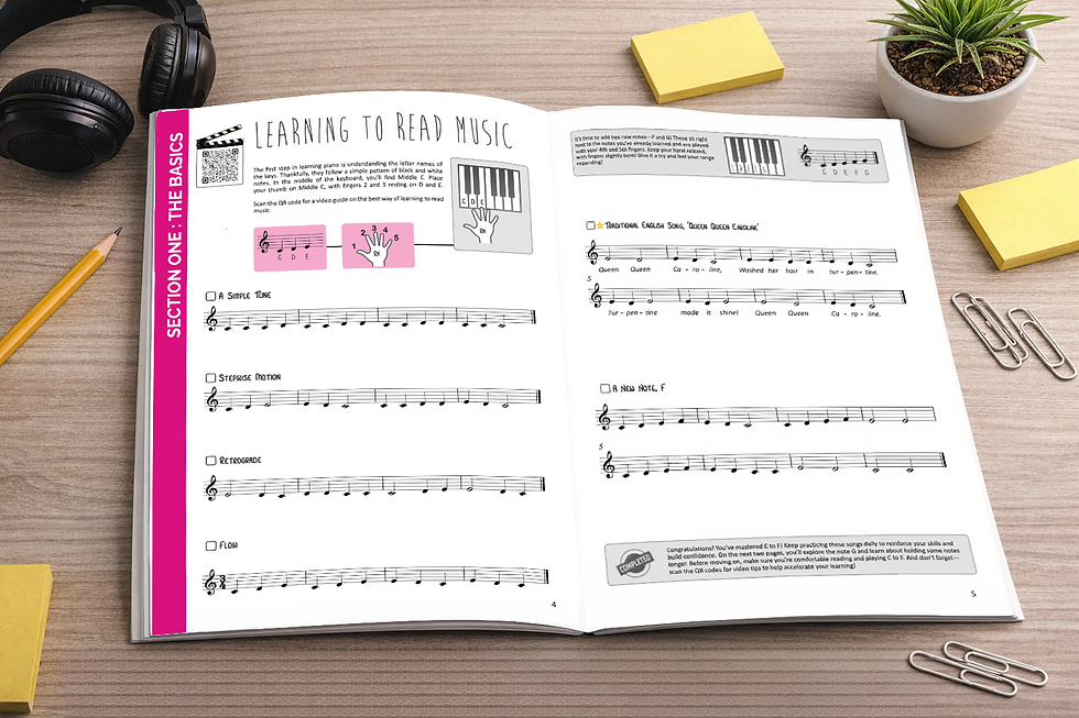 Inside pages of the Master the Piano method book showing clear piano instruction and QR-linked video support