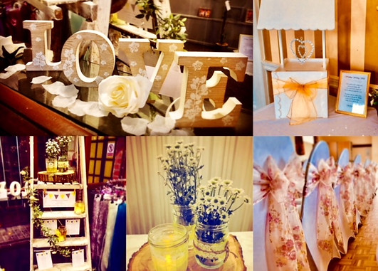 Our Very Vintage package including chair covers, floral vintage sashes, tabe runners, log centre pieces, wishing well, favour bags & vintage love letters