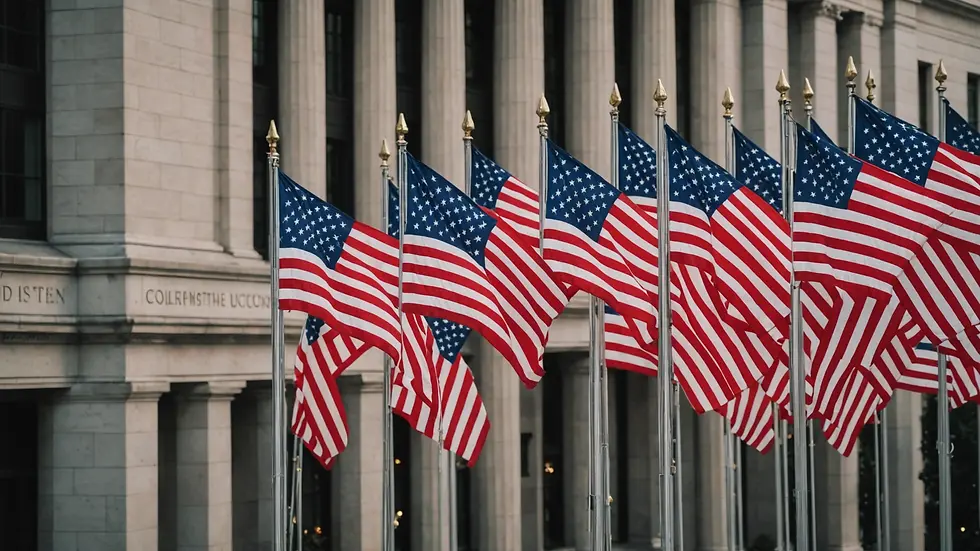 High angle view of American flags at a government building