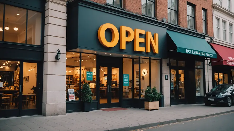 Eye-level view of an open sign in front of a storefront