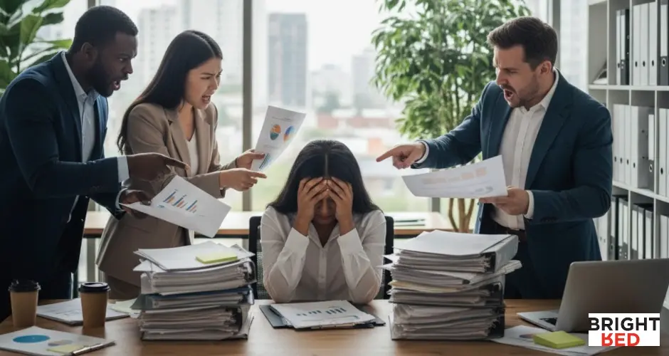 Stressed woman sitting at a desk with her head in her hands as three colleagues argue and point during a tense office meeting.