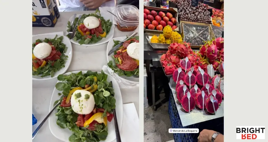 On the left, four plates of fresh salad with burrata, tomatoes, capsicum, and salami are arranged on a table. On the right, a vibrant fruit stall at Mercat de La Boqueria displays dragon fruit, lychees, and other exotic fruits.