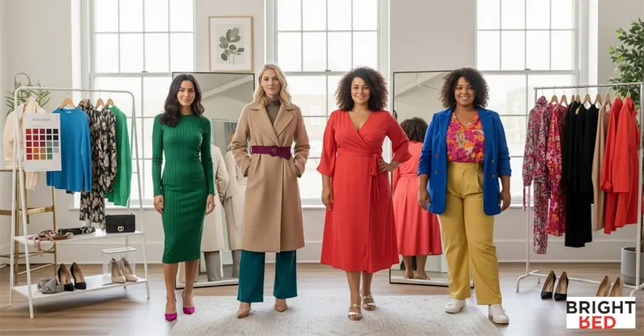 Four women with different body shapes wear stylish outfits, showcasing how dressing well can enhance confidence and individuality.