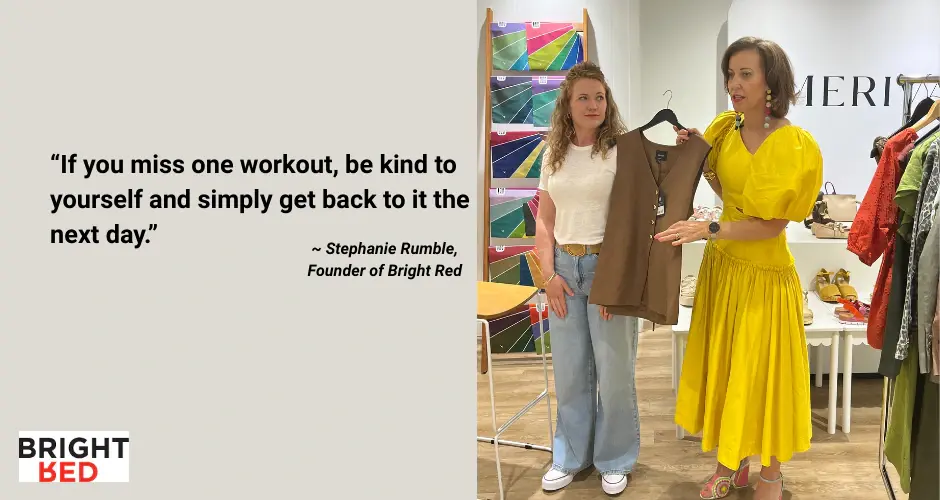Stephanie Rumble with Melody in a styling session, sharing a message about kindness, consistency, and returning to healthy habits.