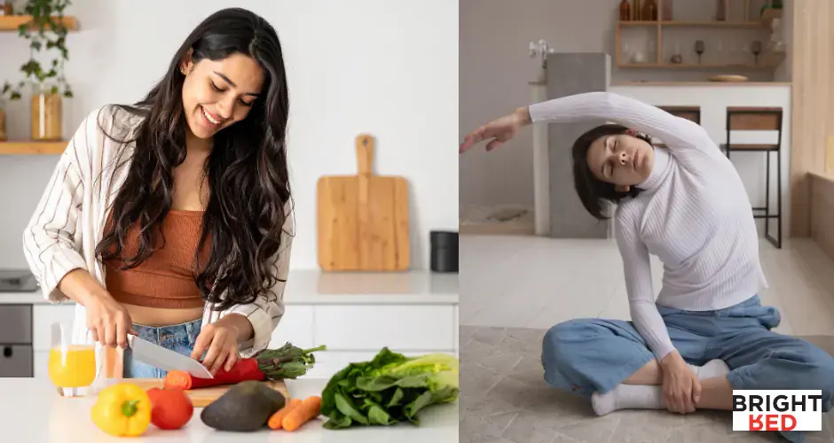 Woman preparing fresh vegetables in a bright kitchen and another woman stretching at home as part of simple self-care routines.