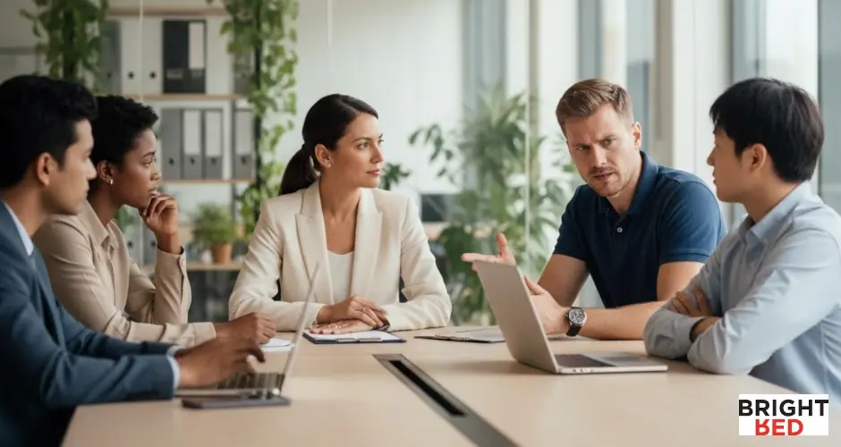 Diverse group of professionals in a modern office sitting around a table engaged in a serious discussion on conflict management.