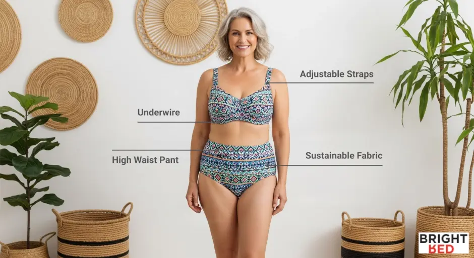 Smiling older woman standing indoors in a colourful patterned bikini, with labels pointing to features like adjustable straps, underwire, high waist pant, and sustainable fabric.