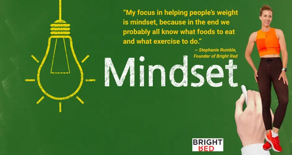 Green chalkboard-style graphic with a yellow lightbulb illustration, the word "Mindset" in bold white text, and a quote from Stephanie Rumble, founder of Bright Red, about the importance of mindset in weight management. Stephanie stands smiling on the right in activewear.