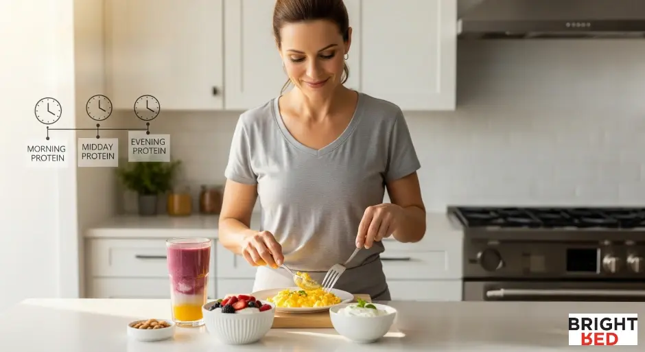 Woman in kitchen preparing a protein-rich breakfast with eggs, yogurt, and smoothie, highlighting balanced meals throughout the day.