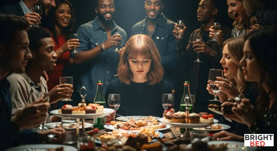 A young woman looks uncomfortable at a lively dinner party as others around her eat, drink, and socialize.