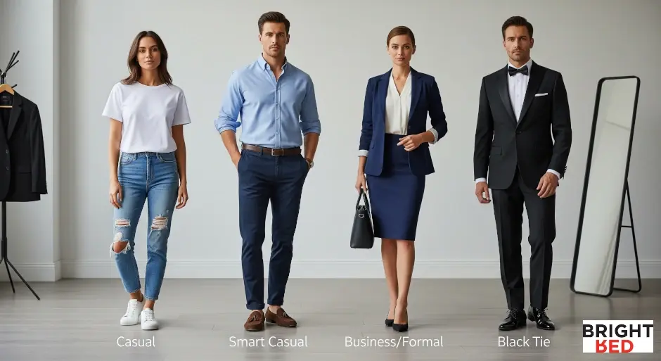 Four people demonstrate dress codes from casual and smart casual to business/formal and black tie in a modern studio setting.