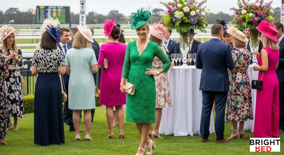Woman in an elegant green lace dress and fascinator poses at a race day event, surrounded by well-dressed guests and floral displays.