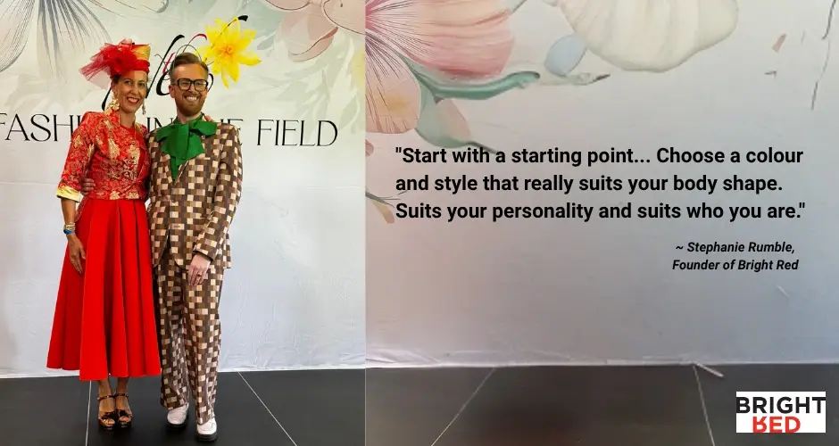 Stephanie Rumble standing beside Zane Tate at a fashion event, with her quote about choosing colours and styles displayed behind them.
