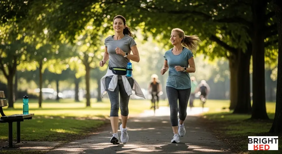 Two women jog together on a shaded park path, wearing athletic gear and smiling, enjoying a morning run for fitness and wellbeing.