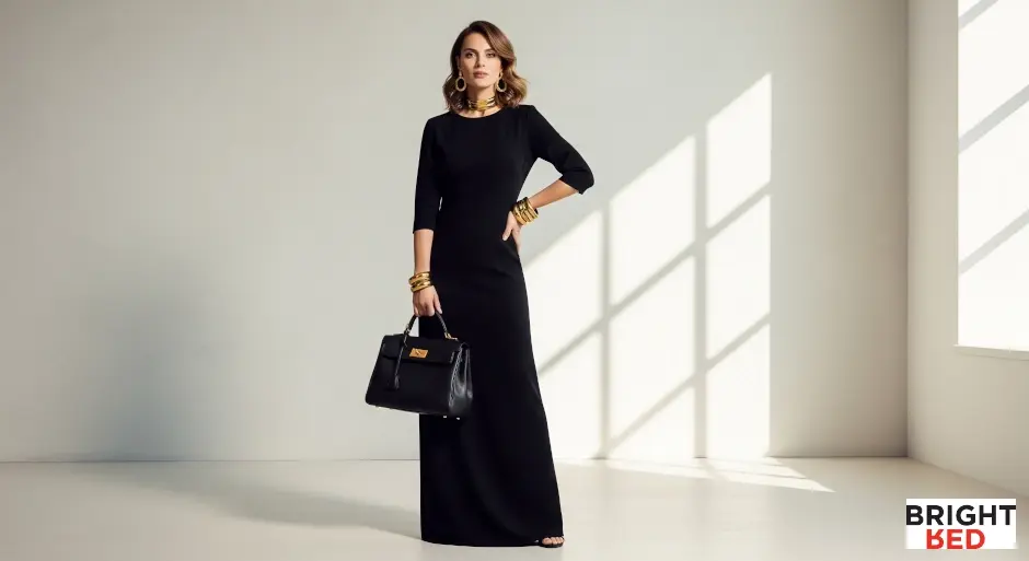 Elegant woman in a long black dress with gold accessories and handbag, standing confidently in a sunlit minimalist room.