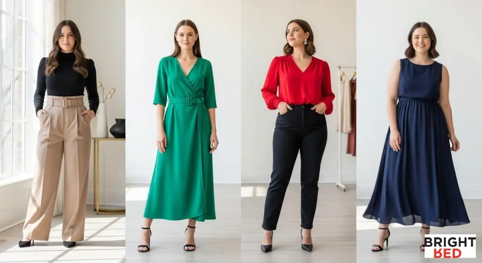 Four women in stylish outfits, each showcasing flattering fashion choices that highlight different body shapes with confidence.