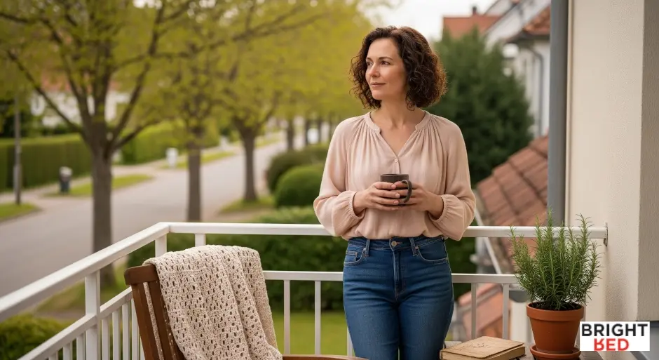 A woman stands peacefully on a balcony holding a mug, gazing into the distance. She wears a soft blouse and jeans, surrounded by greenery and calm suburban streets—capturing a quiet moment of self-care and reflection.