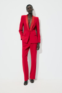 Zara red tuxedo blazer with contrast satin lapels in a sharp tailored silhouette.