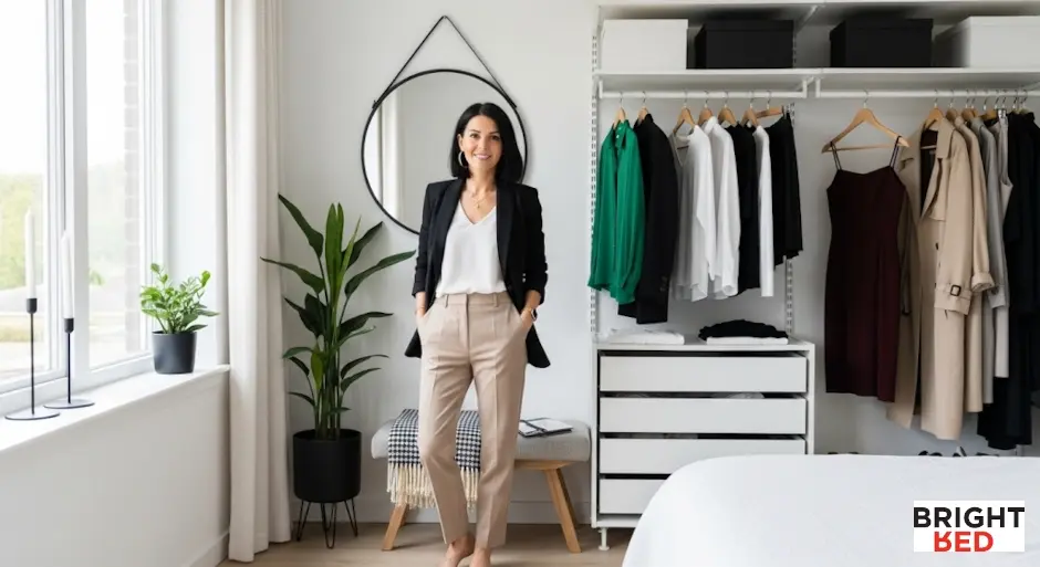 Woman standing in front of an organized wardrobe with blazers, dresses, and essentials, showcasing a minimalist clothing selection.