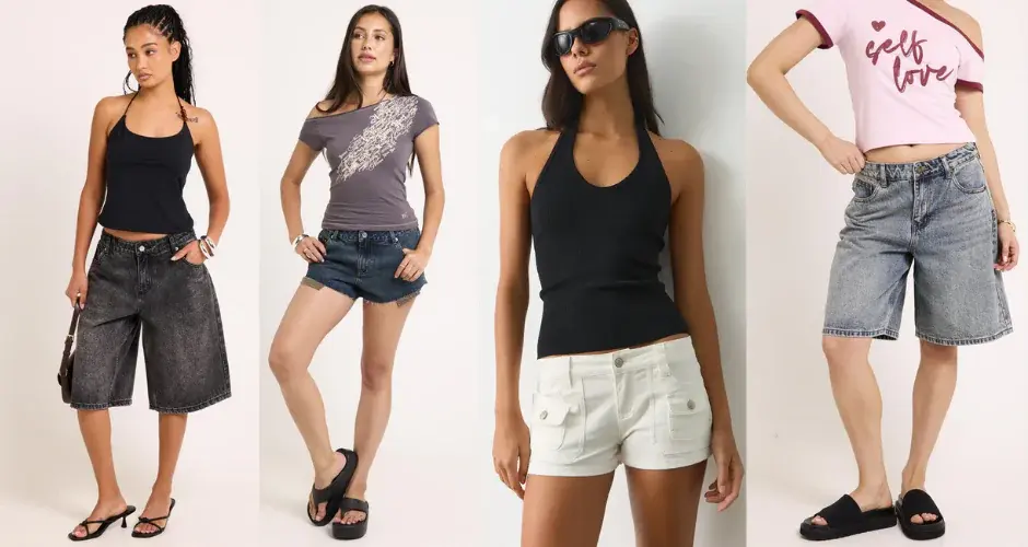 Four models wearing low rise longer shorts styled with fitted tanks and tees, showcasing relaxed summer silhouettes.