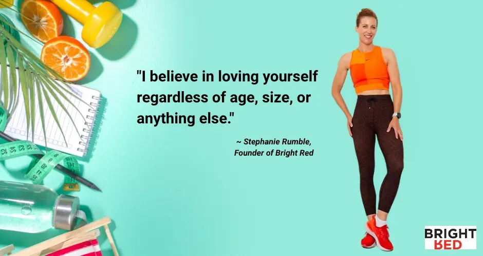 Stephanie Rumble stands confidently in athletic wear against a teal background. To the left, a flat lay of wellness items including oranges, a notepad, tape measure, water bottle, and dumbbells appears.