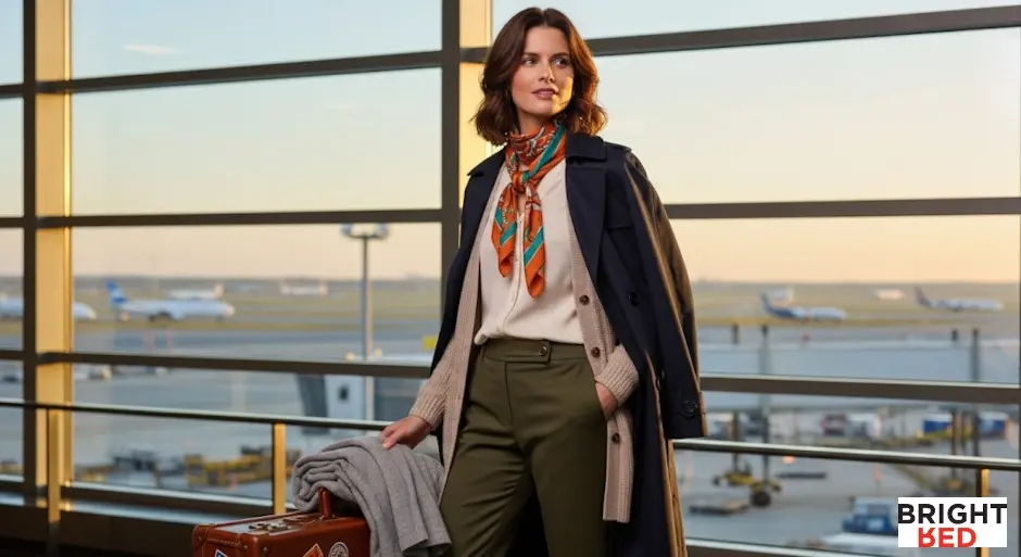Woman at airport in layered travel outfit with coat, scarf, and trousers, standing beside luggage near large terminal windows.